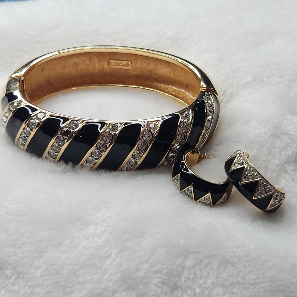 DSCo Daniel Swarovski Vintage 80s Black Enamel Crystal Gold Bracelet Earrings